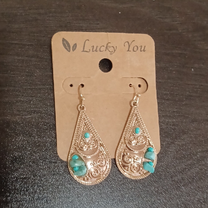 Stylish Teardrop Gold Earrings With Turquoise Stones